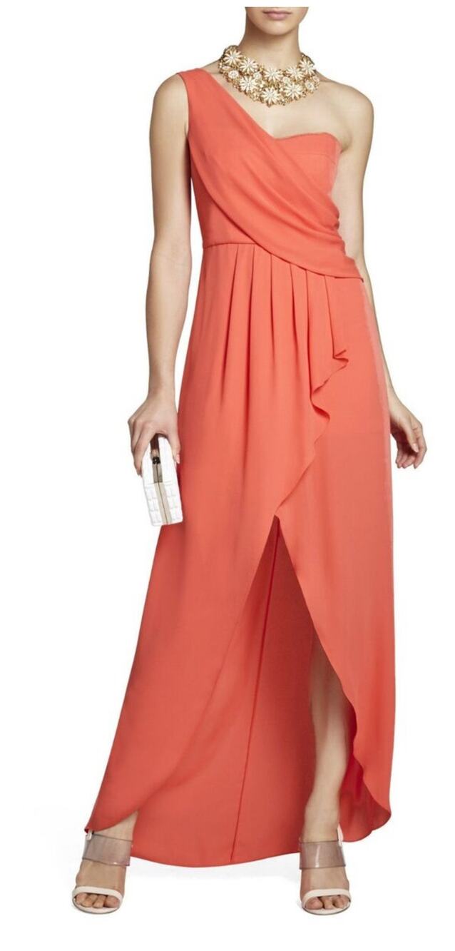 BCBGMAXAZRIA Kail Draped One Shoulder Gown Formal Dress Orange Sherbet 2